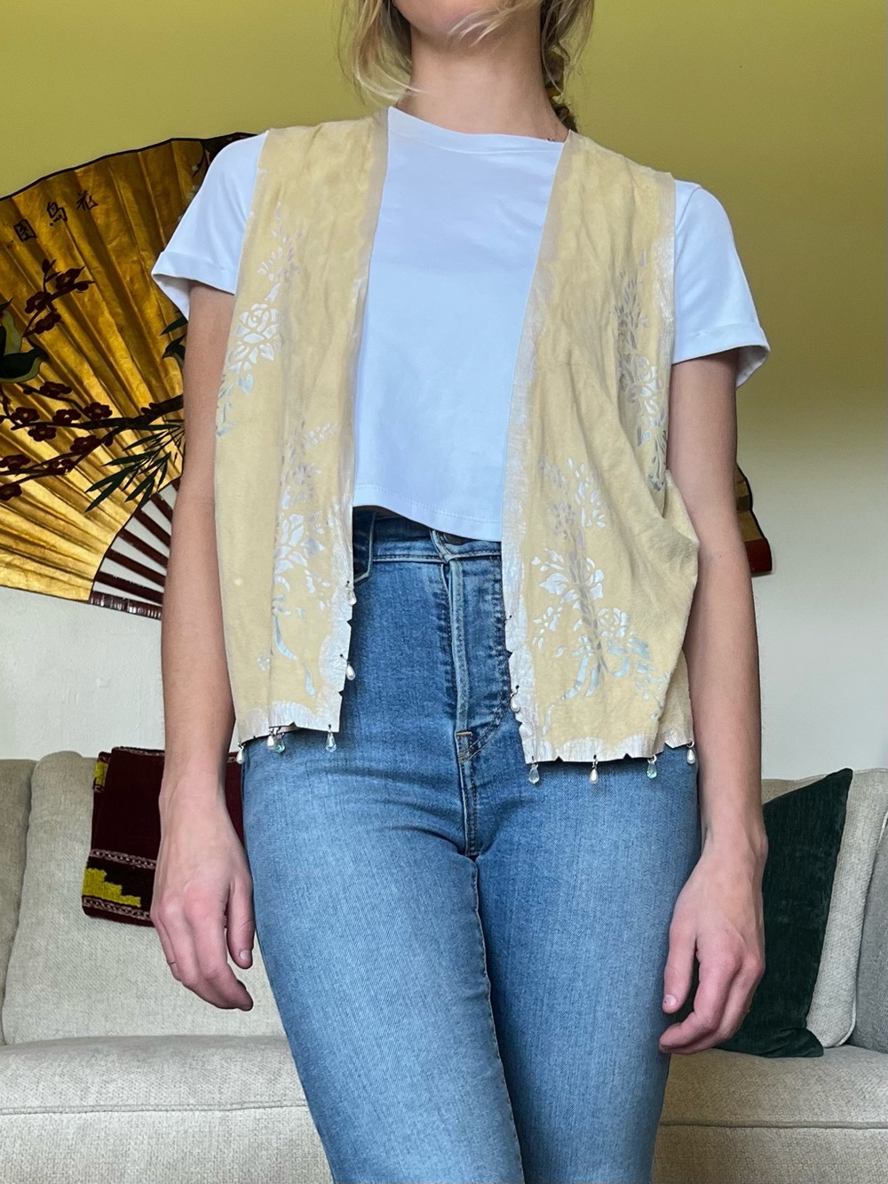Vintage Lambskin Cream Vest with Delicate Beading - Women